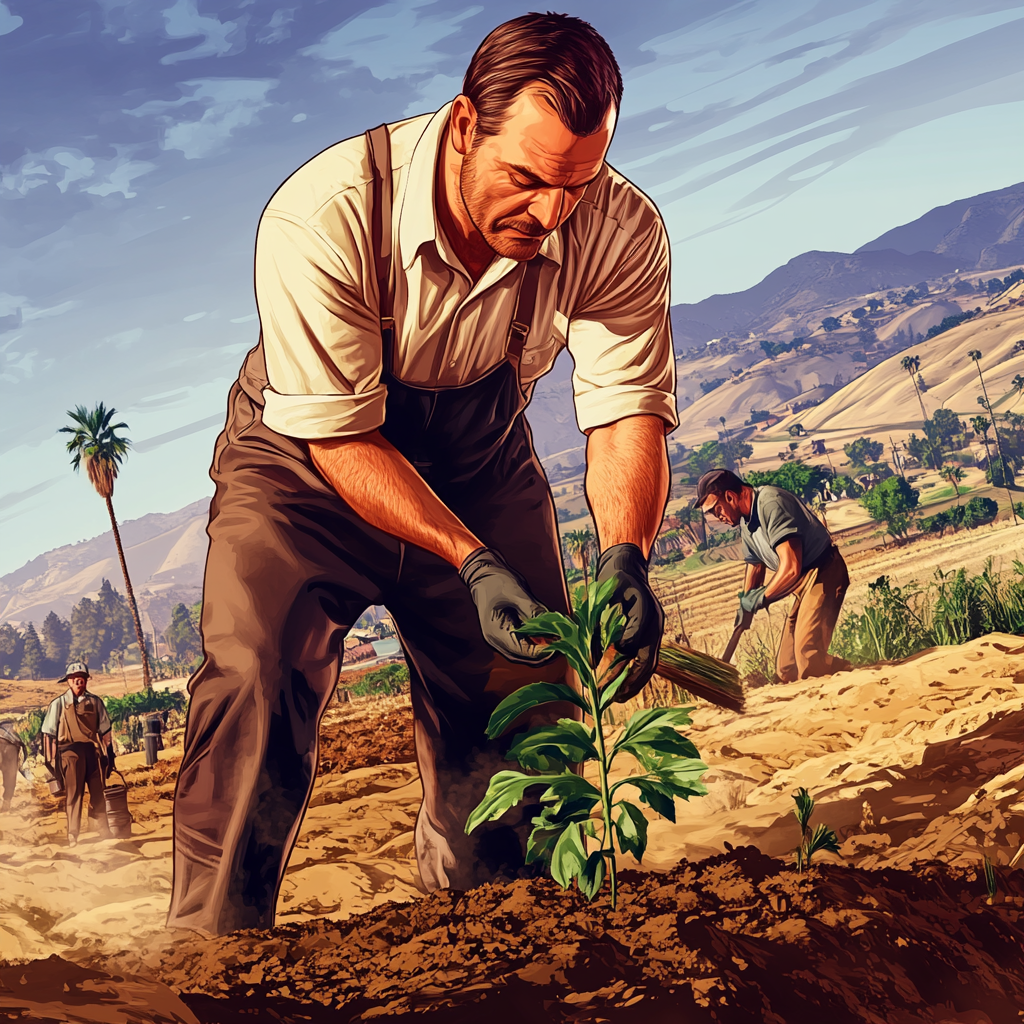 Determined farmer planting tree in vibrant GTA V style.