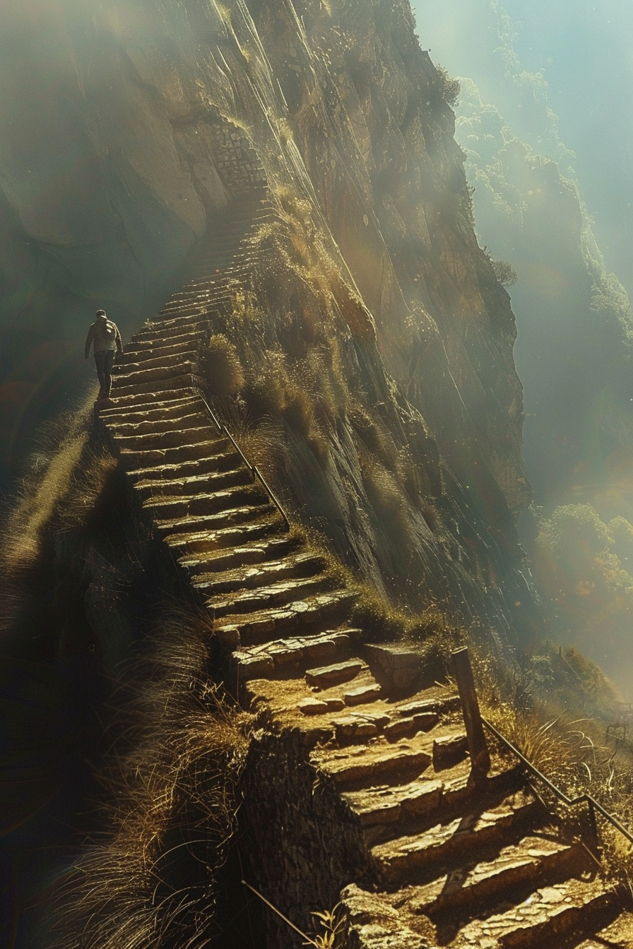 Determined man climbing steep mountain staircase in misty horizon.