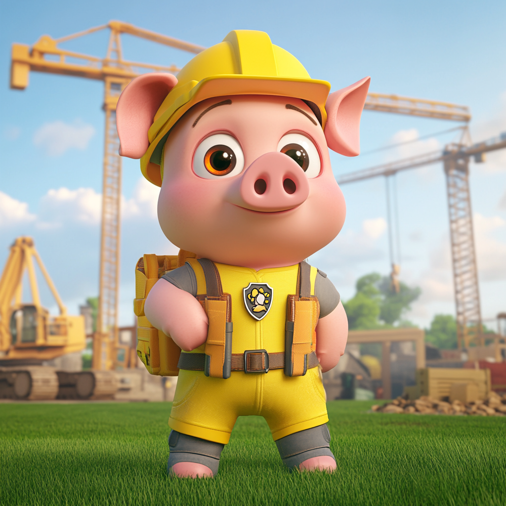 Determined pig with construction outfit ready for action.