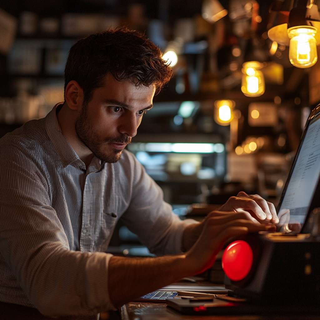 Determined small business owner pressing emergency button in restaurant