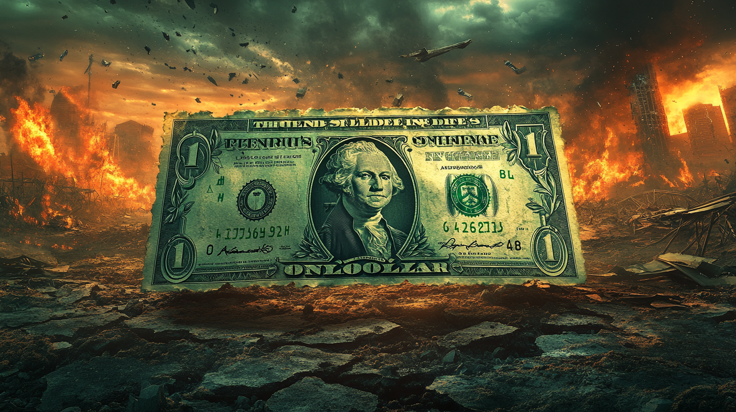 Devil's Head Dollar Bill in Ruined Landscape.