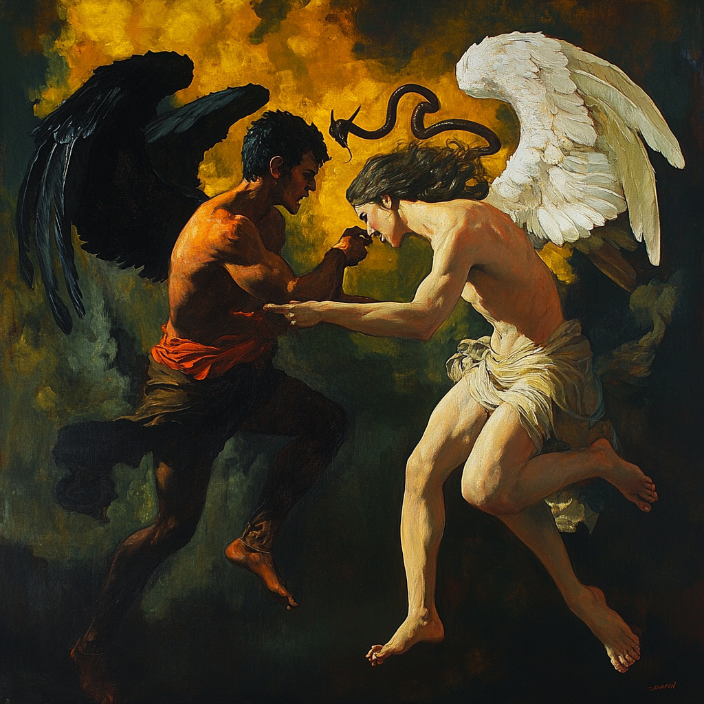 Devil with black wings fights angel with light wings