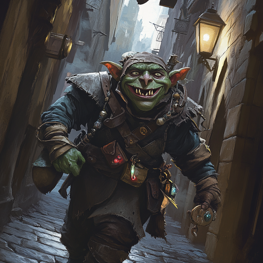 Devious Goblin Rogue Fleeb in Medieval Alleyway