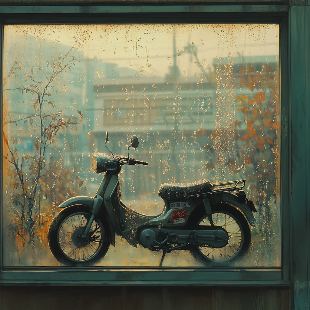 Dew-wet window. Bright, dew-covered motorcycle. Makoto Shinkai's style.