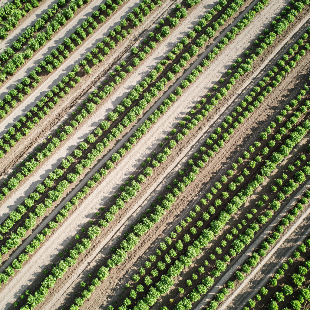 Diagonal rows of lettuce and tomatoes on farm field.