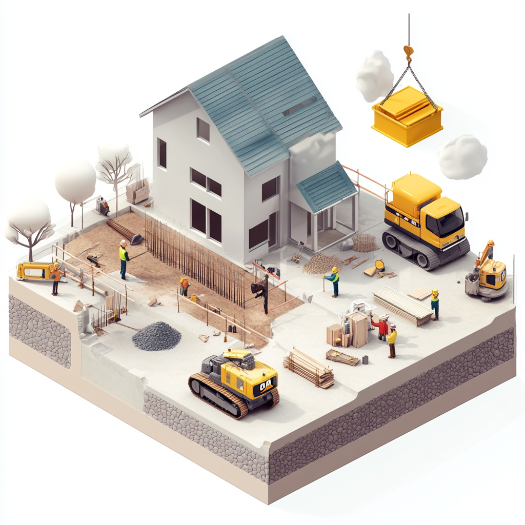 Diagram of residential construction phases with workers and machinery.