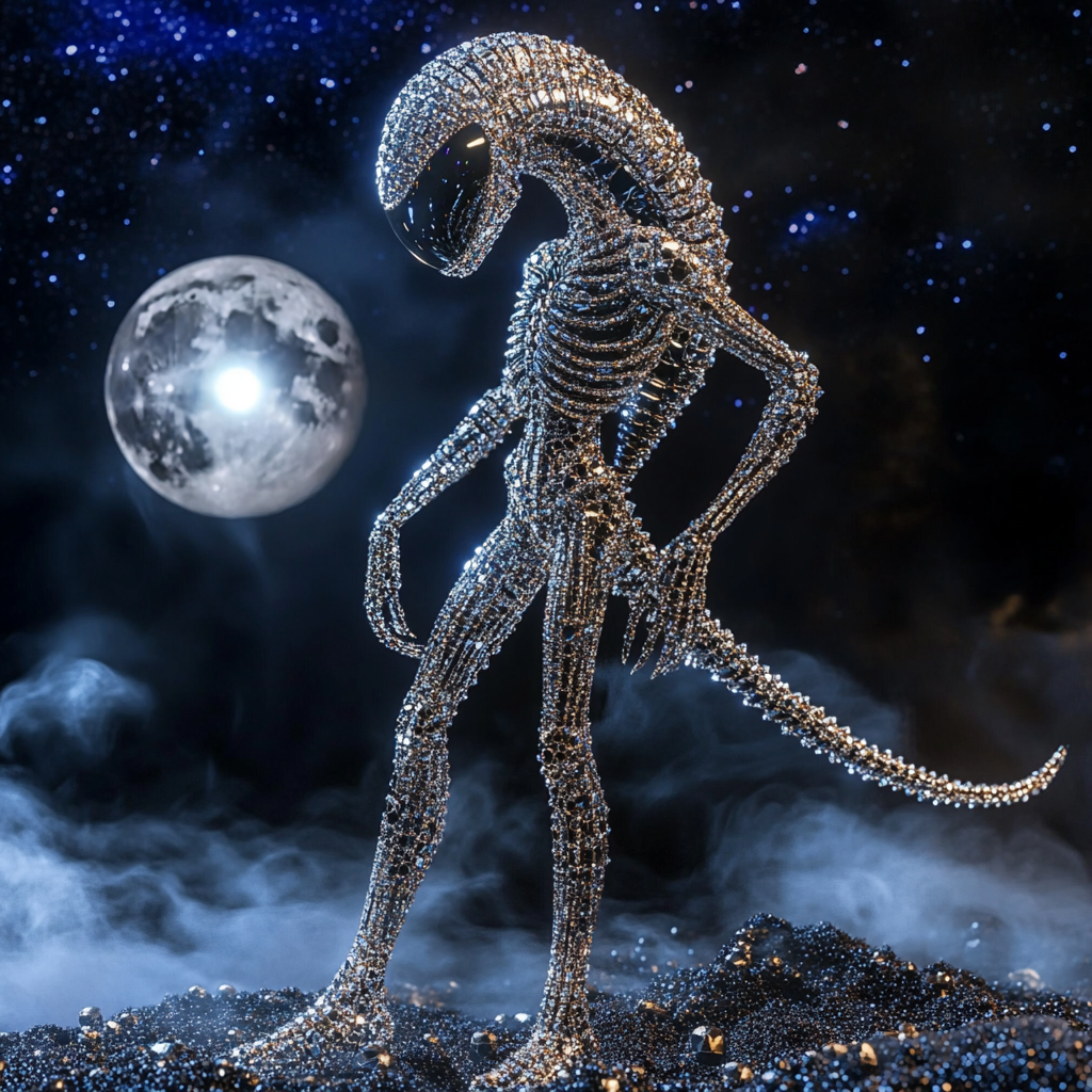 Diamond xenomorph on dark planet sparkles under moonlight.