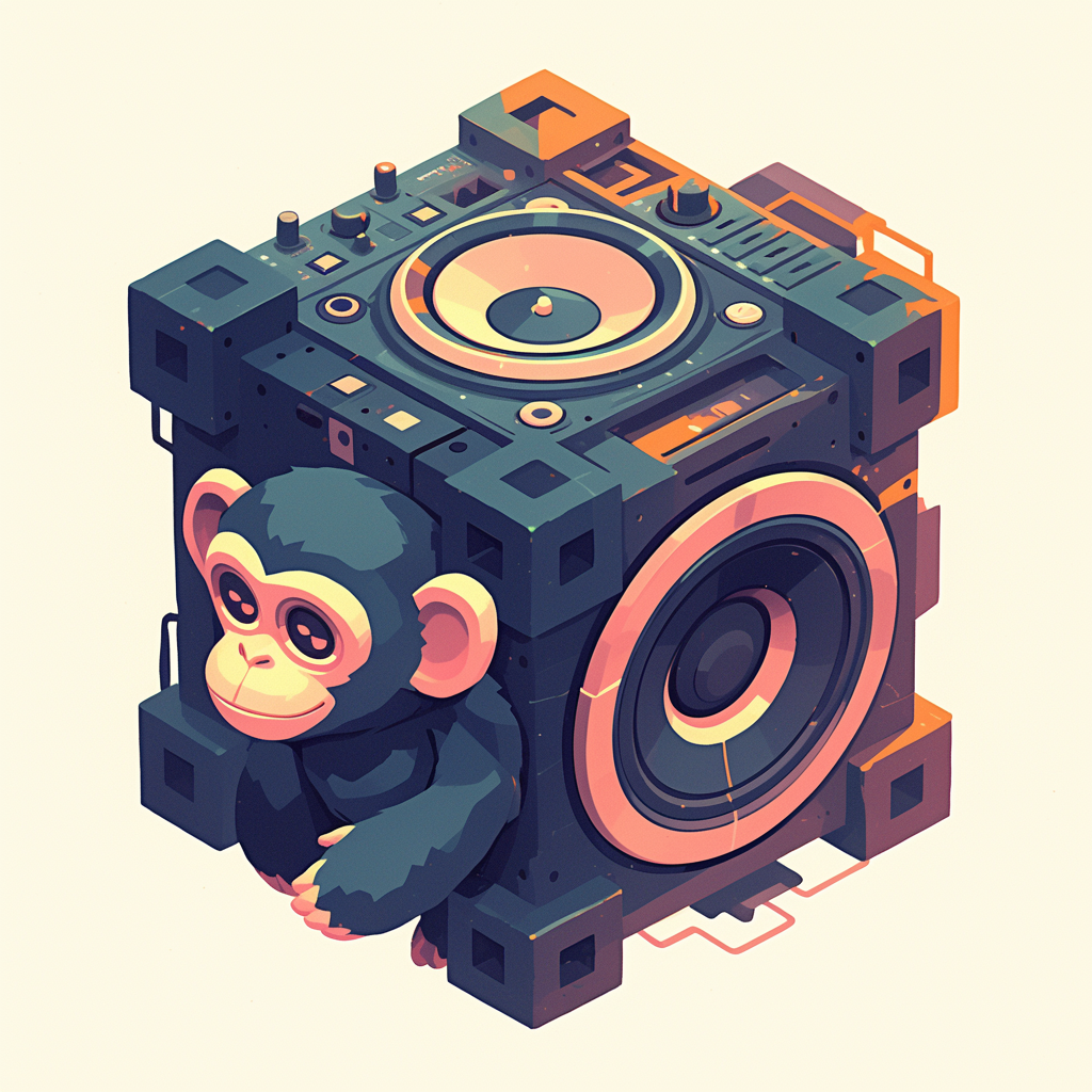 Dice with monkey face, subwoofer, CDJ controller logo.