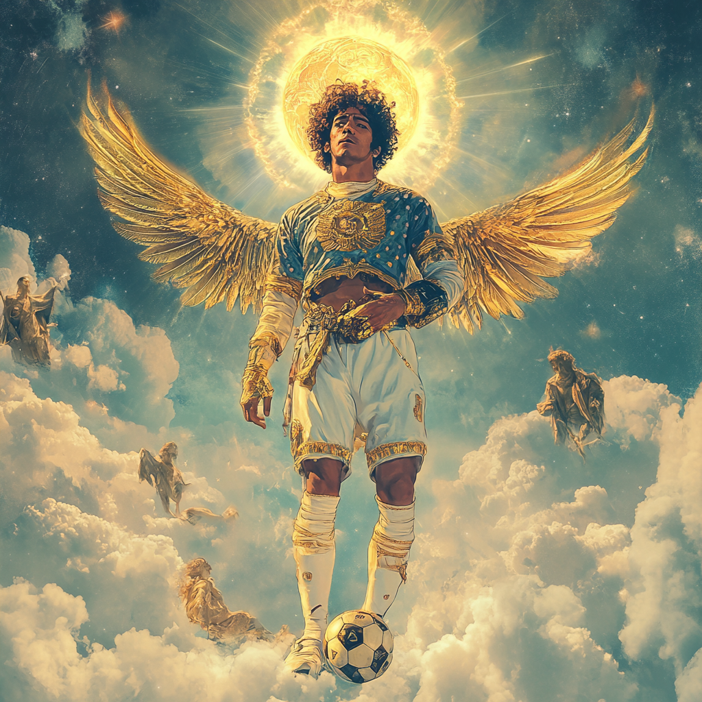 Diego Maradona as a football demigod in heaven.