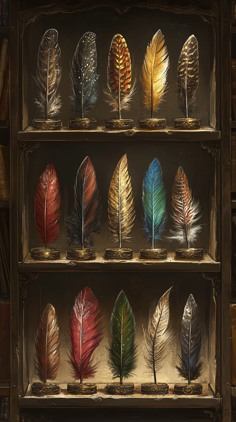 Different animals' magical feathers displayed on shelf