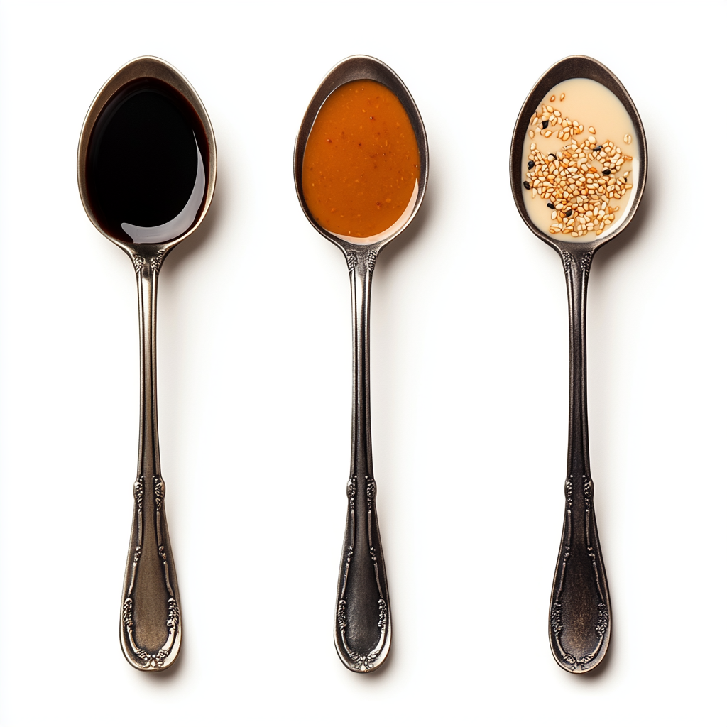 Different sauced spoons on white background