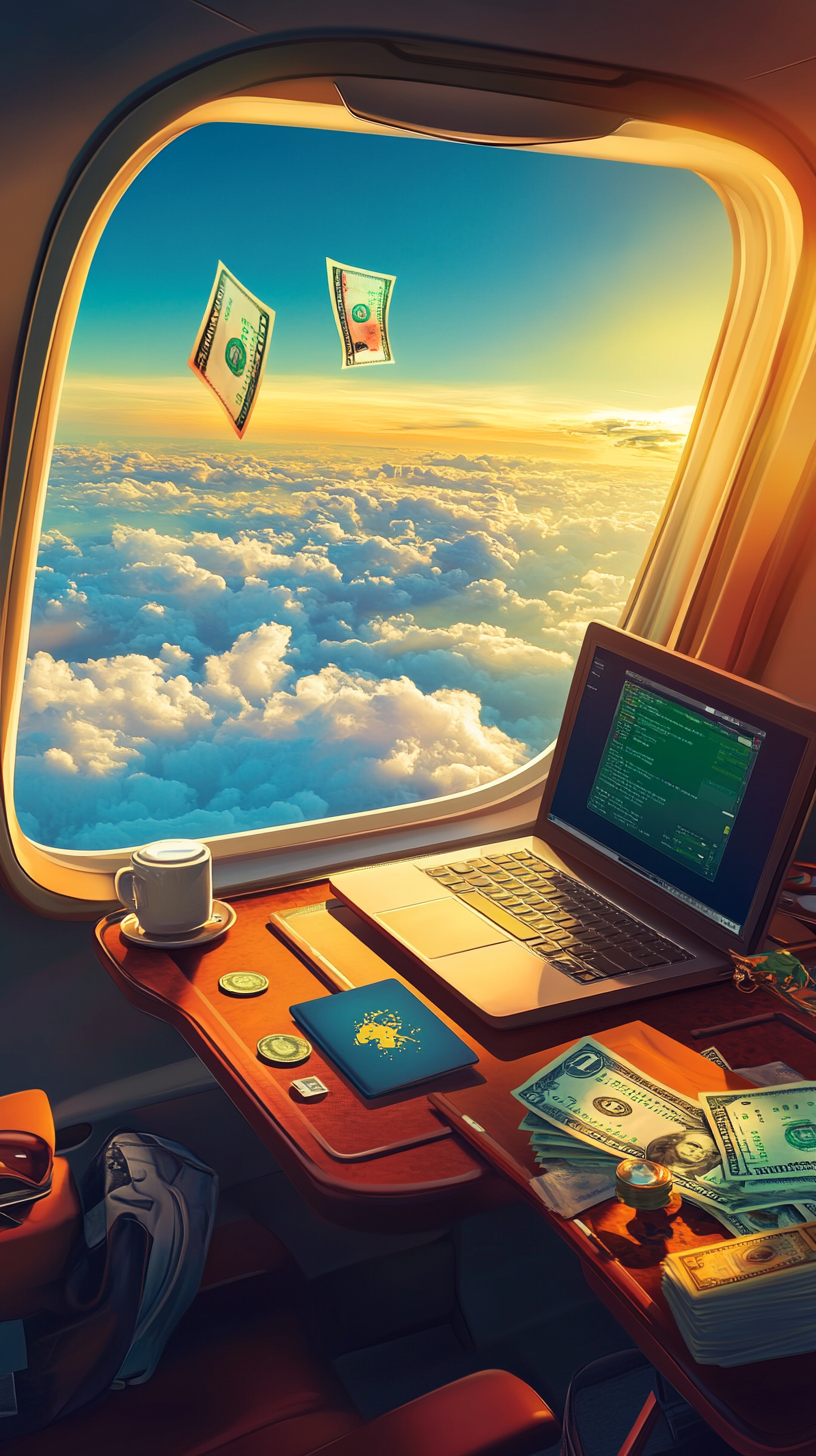 Digital Nomad in Private Plane Working on Laptop 