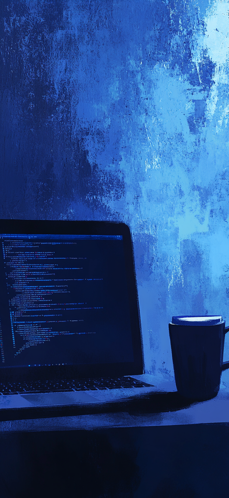 Digital World: Laptop, Code, Coffee, Blue Background