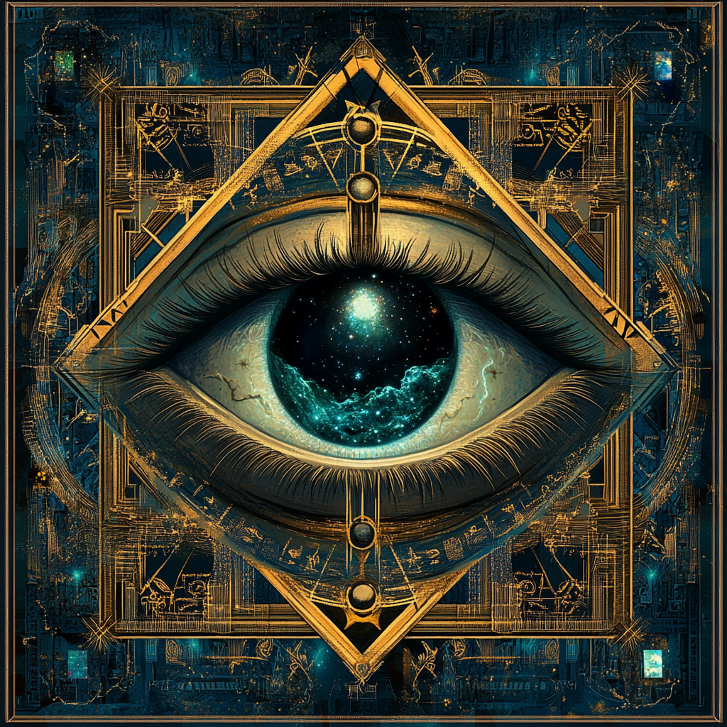 Digital art image of all-seeing eye with galaxy iris 