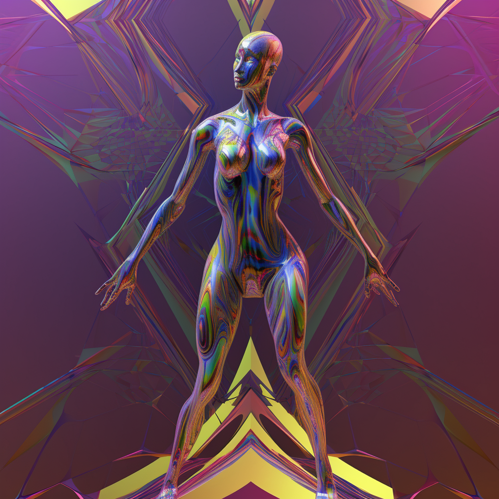 Digital art scene with pink and yellow human figure.