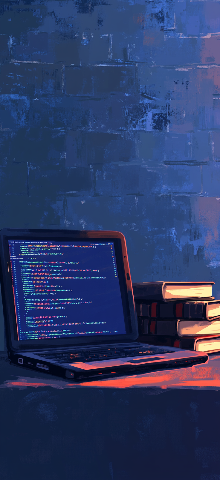 Digital art: Laptop, code, books on blue background.