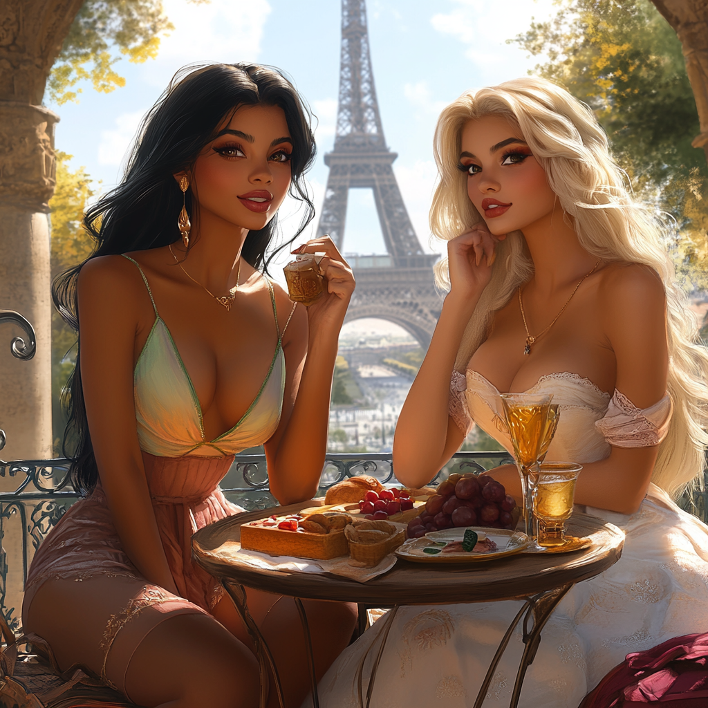 Digital illustration of Jasmine and Aurora having picnic.