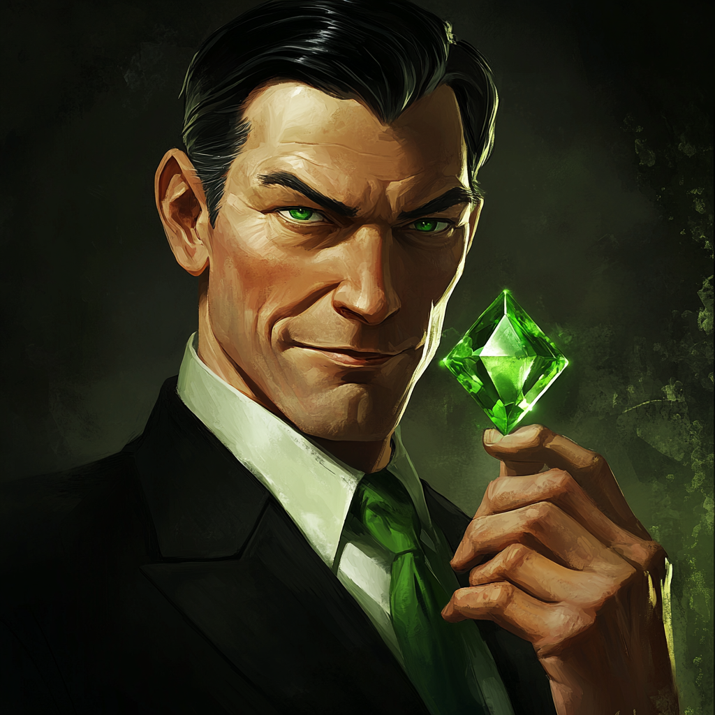 Digital painting of older man in black suit with green tie holding crystal