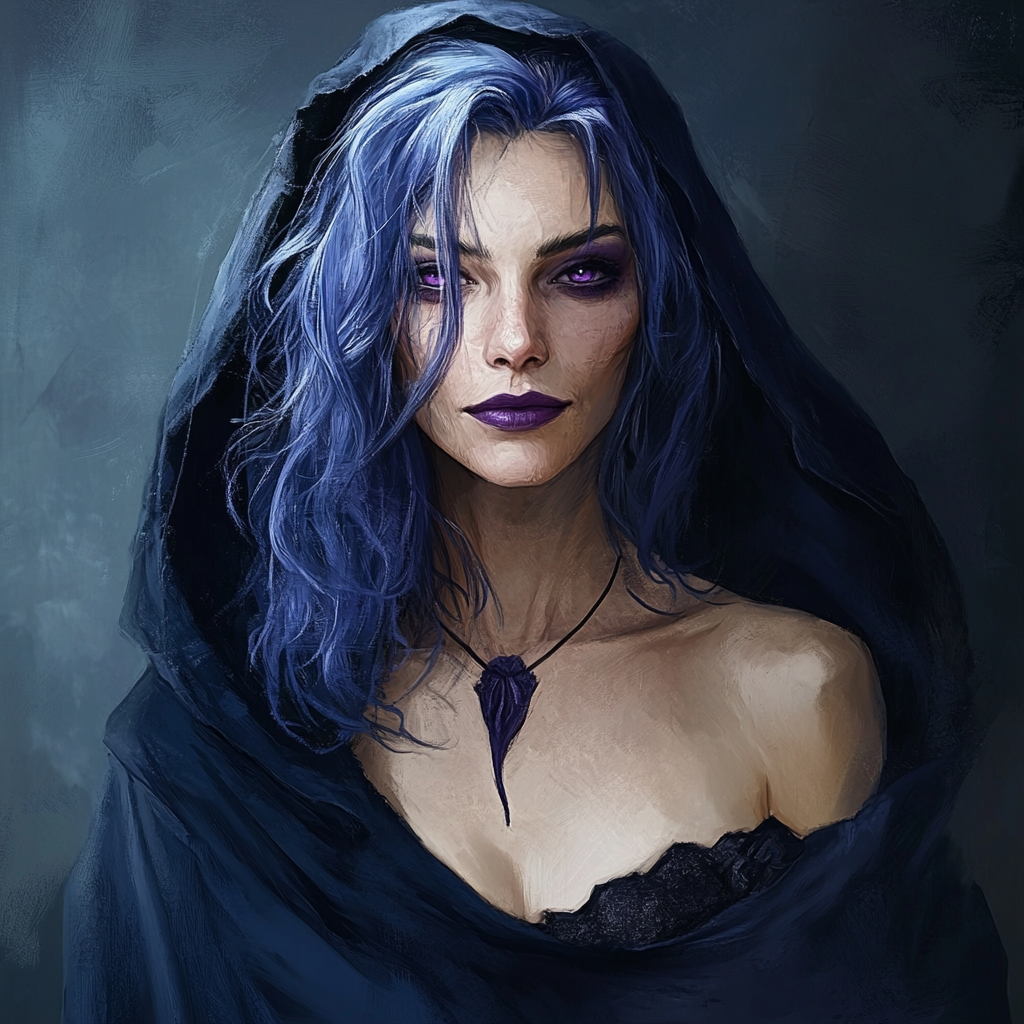 Digital painting of older woman with blue hair