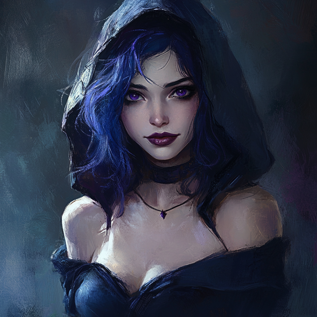 Digital painting of woman in forties with blue hair