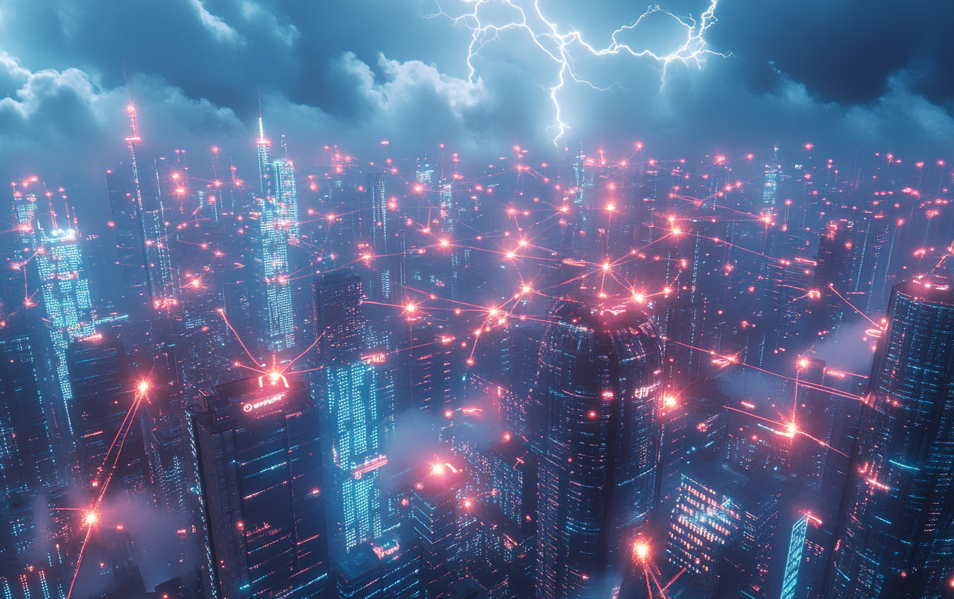 Digital web connects glowing tokens in neon cityscape. Lightning clouds signify market volatility, tower fragility.