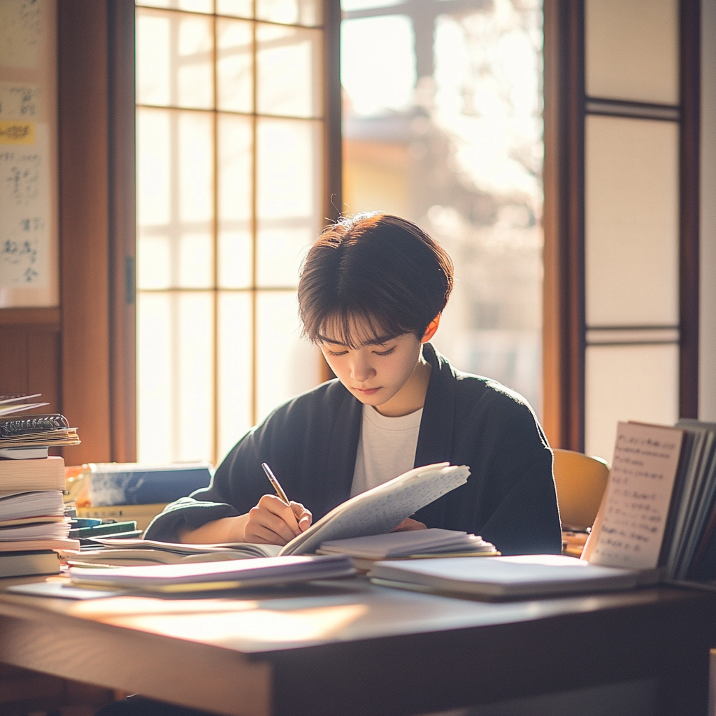 Diligent Japanese student studying in peaceful high school.