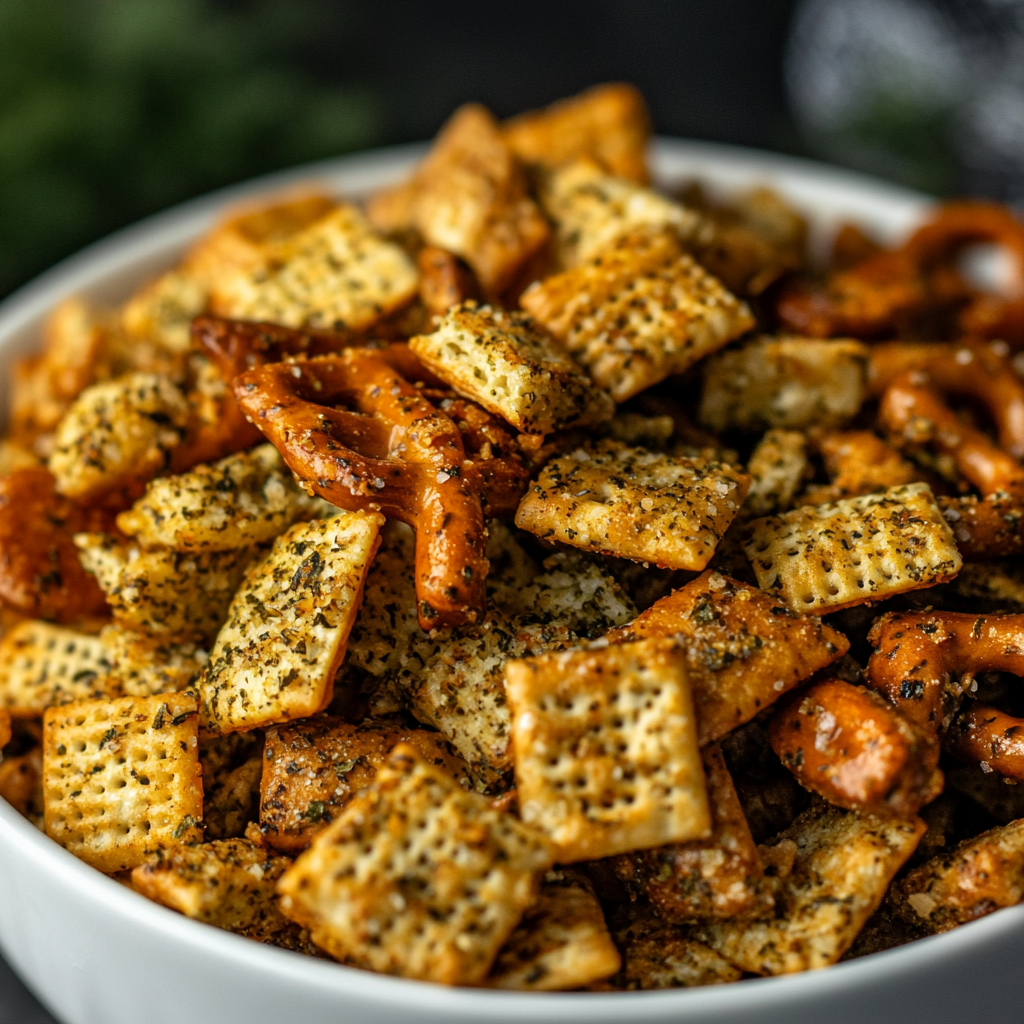 Dill Pickle Chex Mix in White Bowl