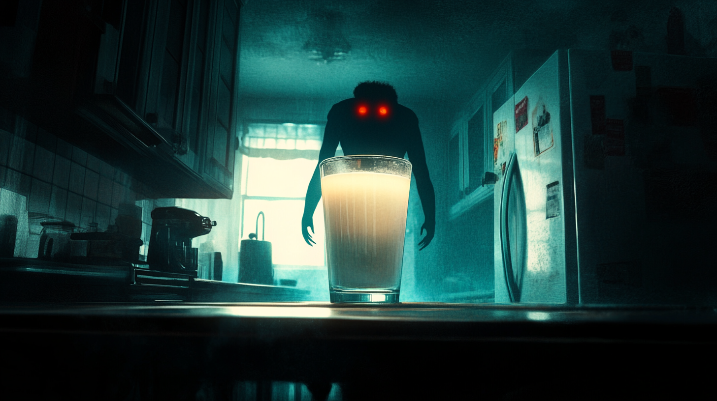 Dimly Lit Kitchen with Glowing Milk and Ghostly Figures