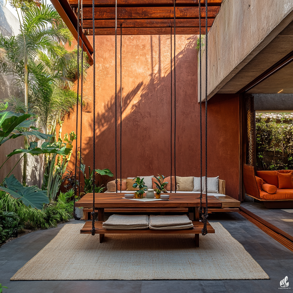 Dining table in courtyard with modernized swing, red accents.