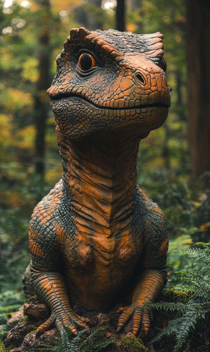 Dinosaur sculpture in dense forest with ancient artistry.