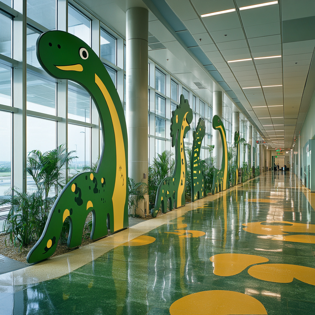 Dinosaur-shaped signs guide at Austin Center with colors