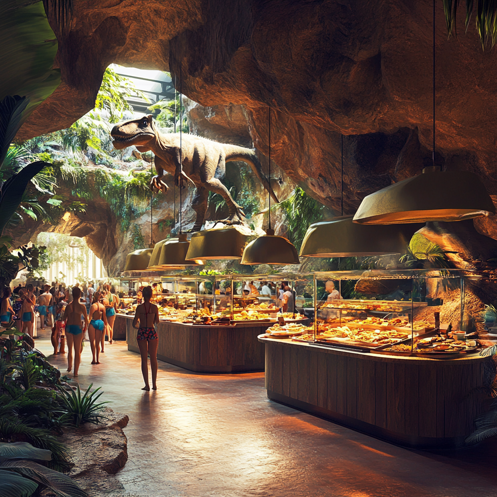 Dinosaur-themed food hall with self-service counters, people in swimsuits, warm lighting, jungle ambiance.