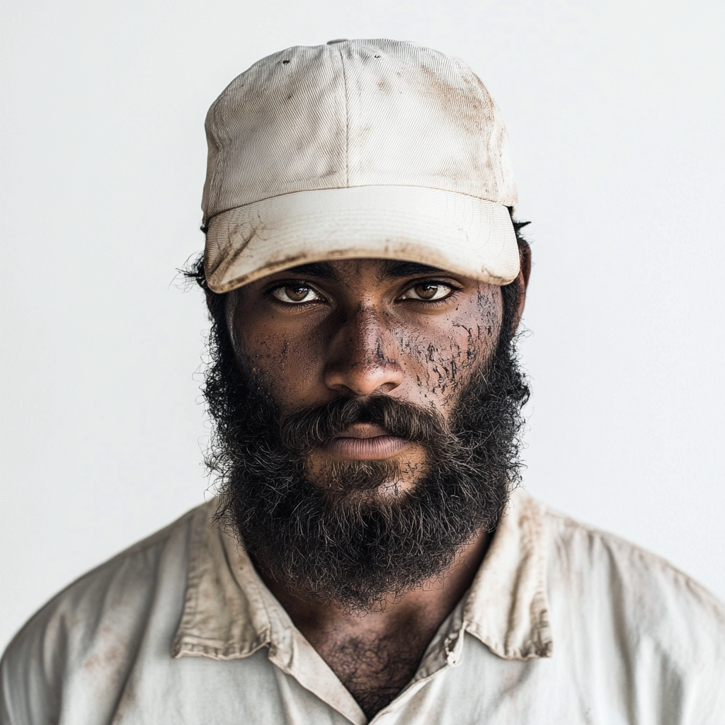 Dirty faced man in streetwear poses for photo