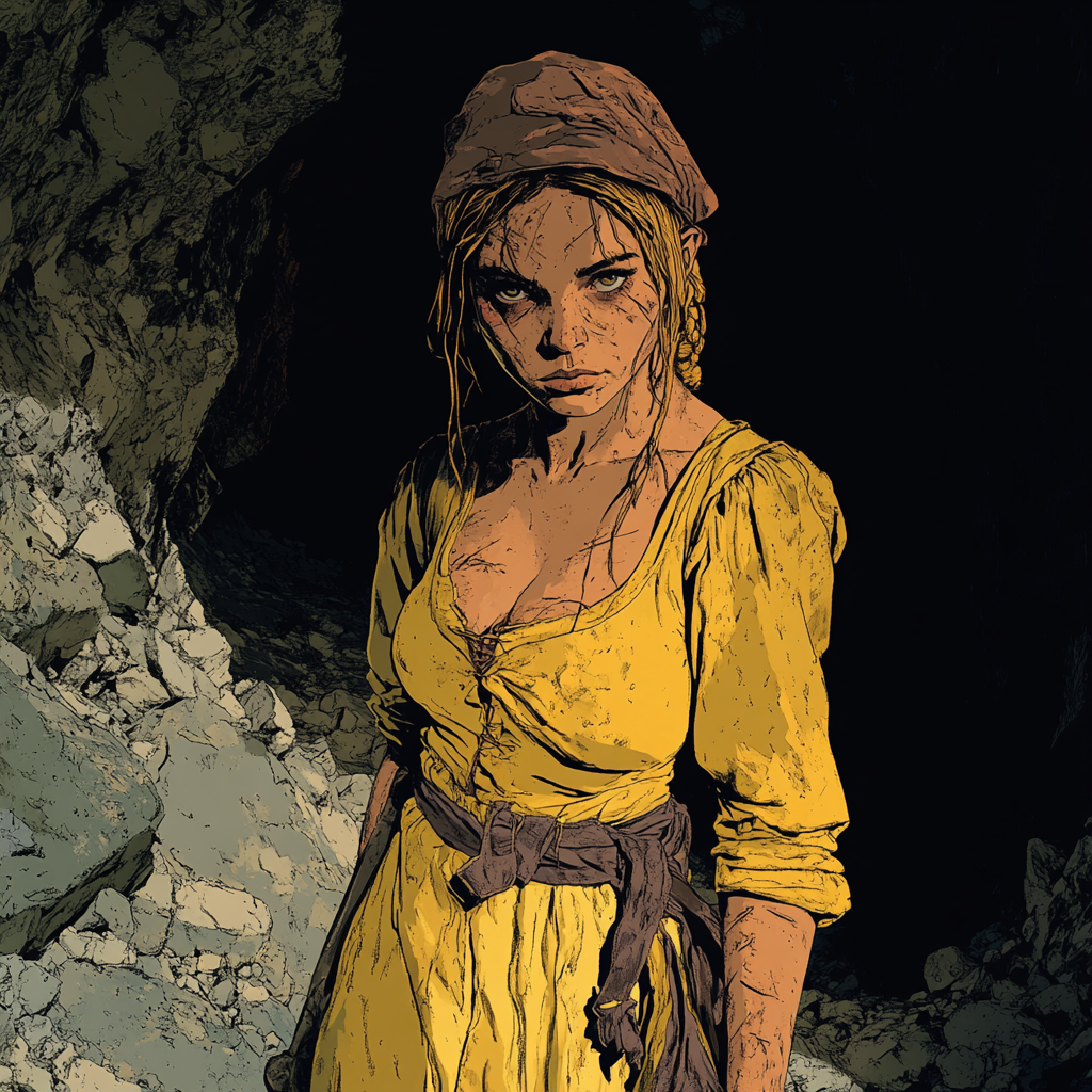 Dirty-faced woman in torn clothes, stranded in cave.