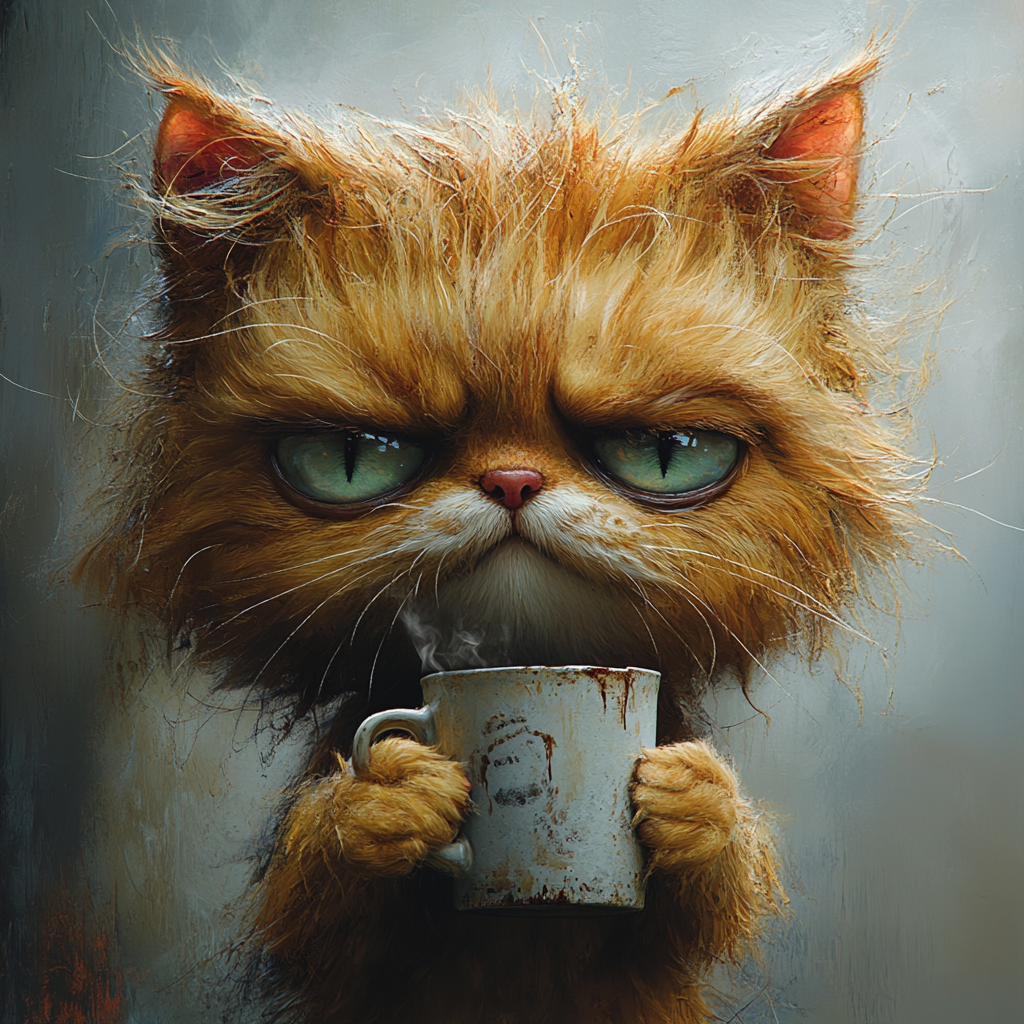 Disheveled cat holding coffee cup in caricature style.