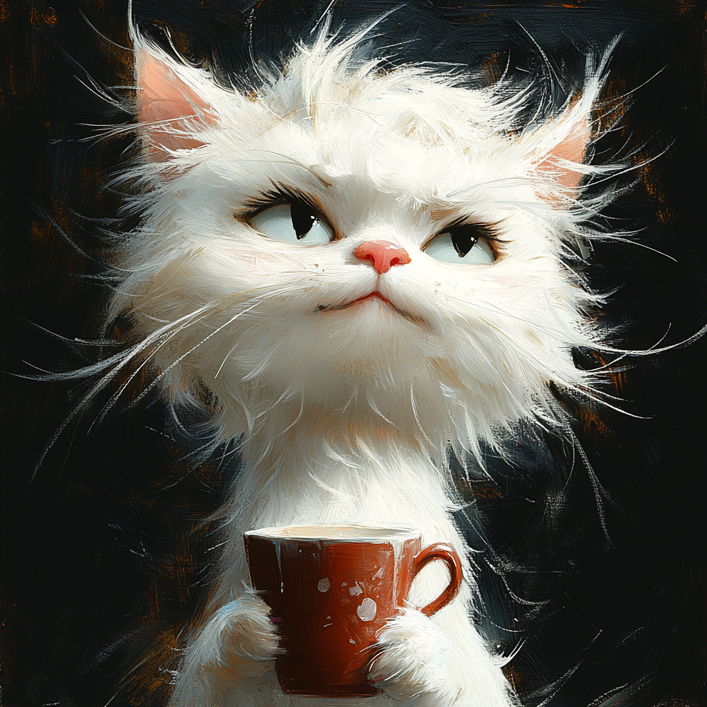 Disheveled white cat holding coffee cup with tired expression.