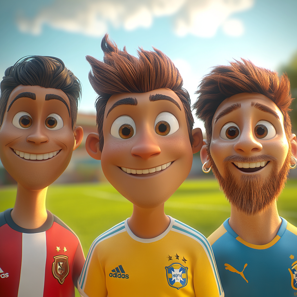 Disney-Pixar style image of Ronaldo, Messi, Neymar.