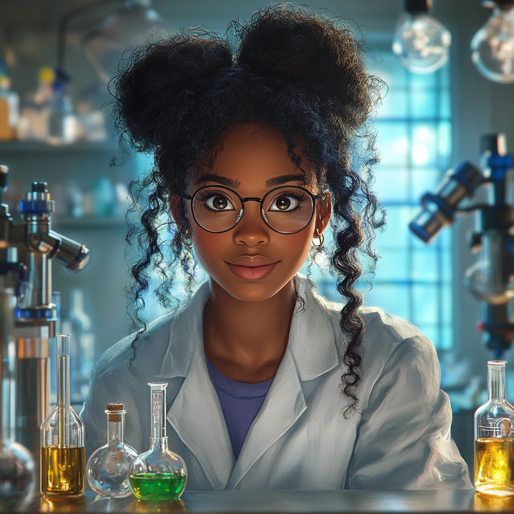 Disney black female scientist in lab coat smiling.