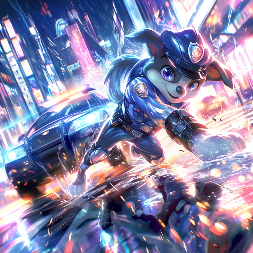 Disney cartoon character dog in futuristic police uniform standing heroically next to flashing police car in modern city at night.