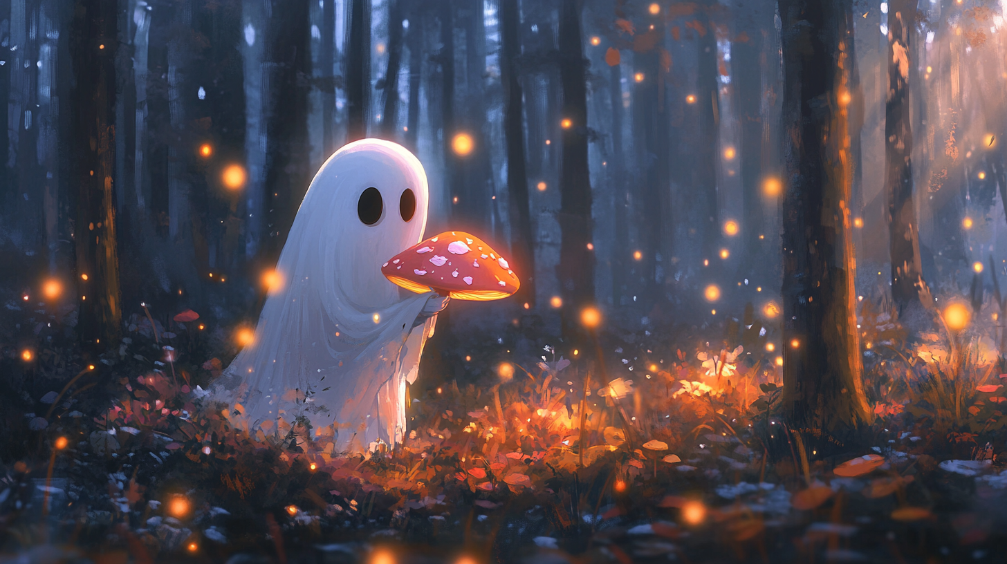 Disney ghost with pink and orange mushroom in forest.