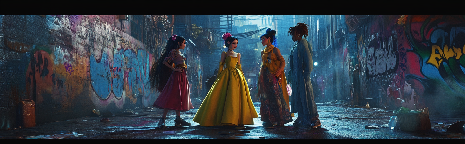 Disney princesses in urban streetwear, posing in downtown.