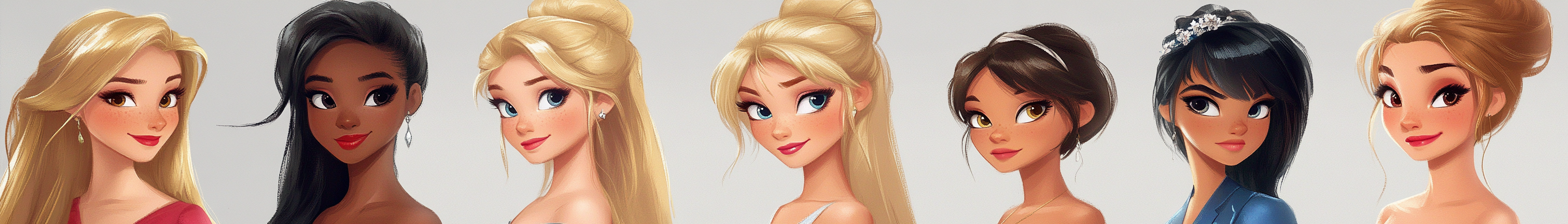 Disney princesses with blonde, brown hair in prom gowns.