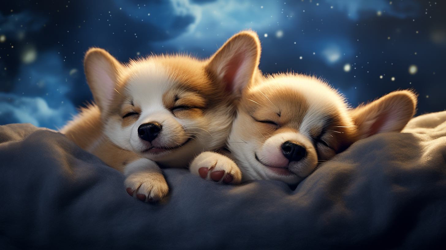 Disney-style Corgi Puppies Cuddling in Sky