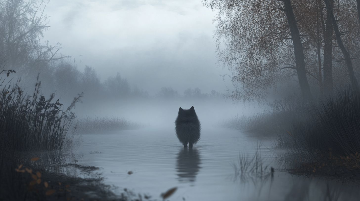 Disney style image of Pomeranian carrying biddle, gloomy setting.