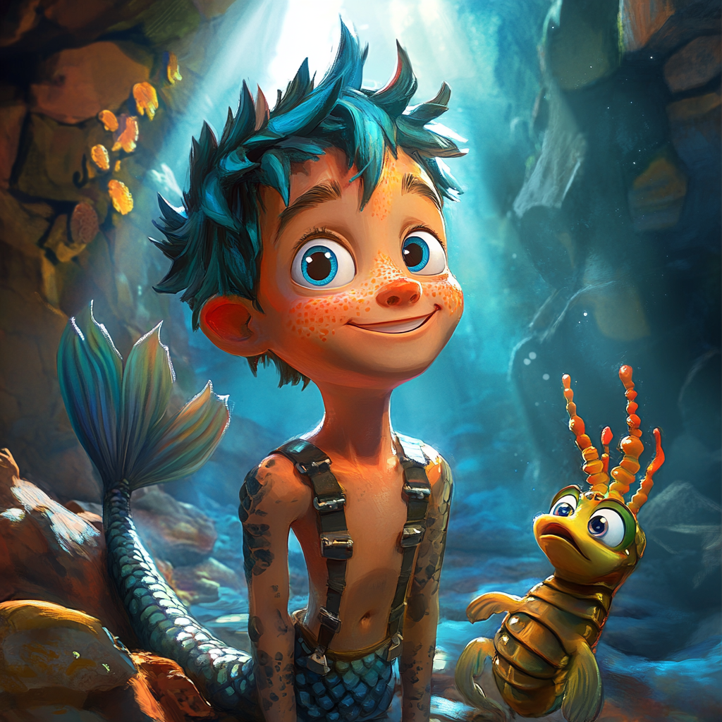 Disney-style mermaid boy with turquoise hair, fishscale pattern.