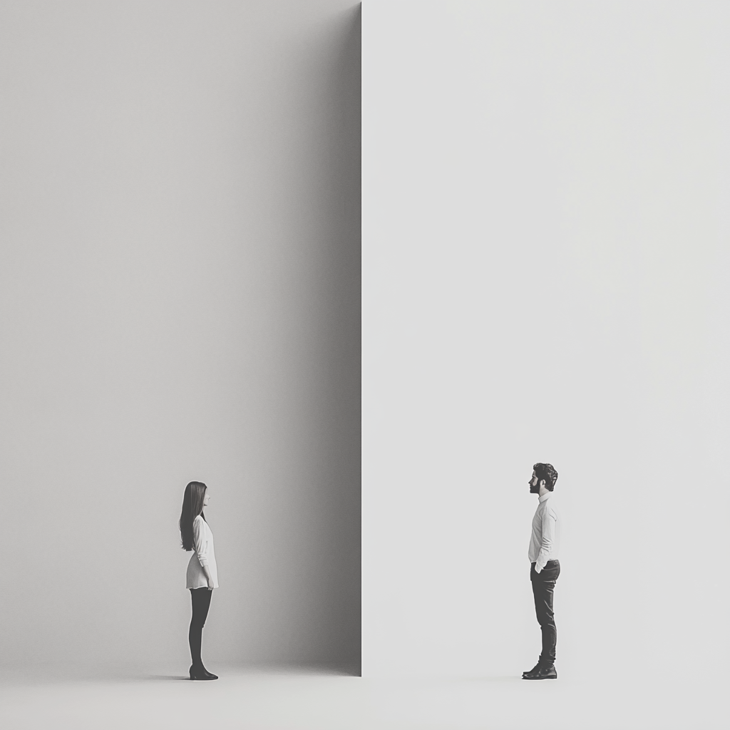 Distance between woman and man with object in frame.