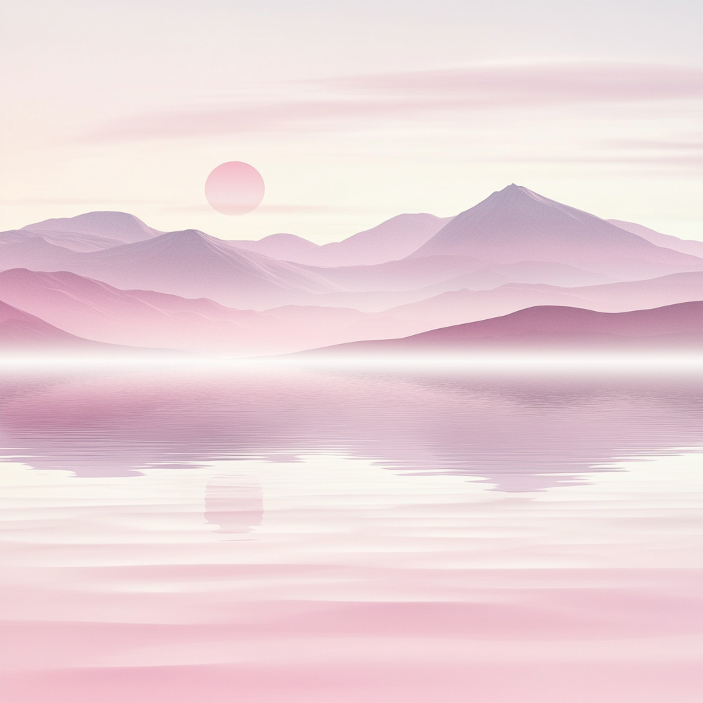 Distant mountains, peaceful water, reflections, light pink, relaxing Zen