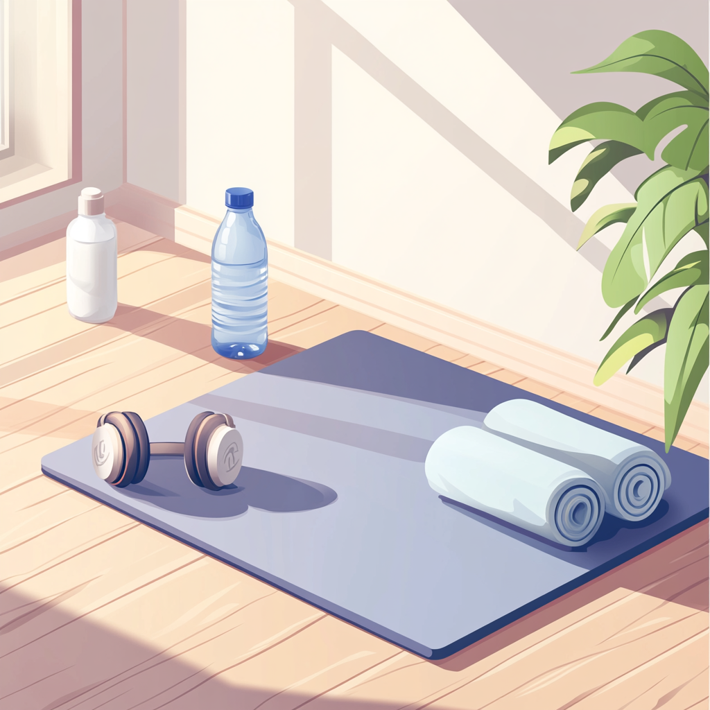 Distant view of room with workout essentials in vector style.