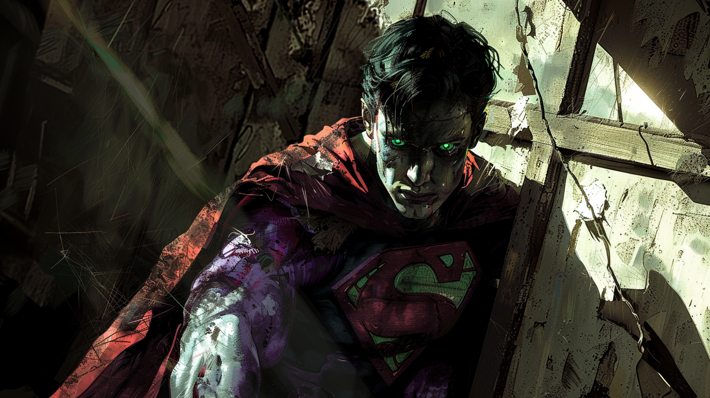 Distressed superman with glowing green eyes in dark corner.