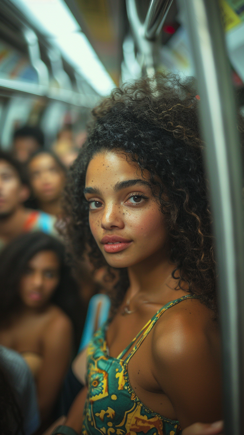 Distressed woman, crowded train, people on phones, NYC.